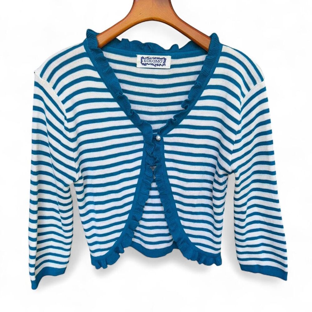 Vintage Kokomo Ltd. Blue & White Striped Ruffled Cardigan size L/XL